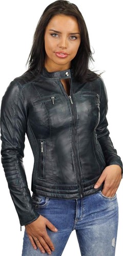 Versano  Dames jas leer Mesa bikerjack elastische zijkanten Blue