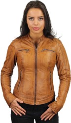 Versano  Dames jas leer Mesa bikerjack elastische zijkanten Cognac