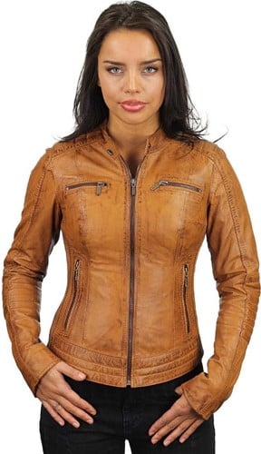 Versano  Dames jas leer Mesa bikerjack elastische zijkanten Cognac
