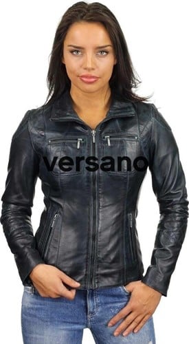Versano  Dames jas leer Ohio bikerjack platte kraag Blue