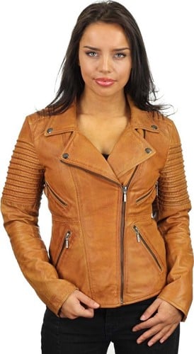 Versano  Dames jas leer Utah bikerjack schuine rits Cognac