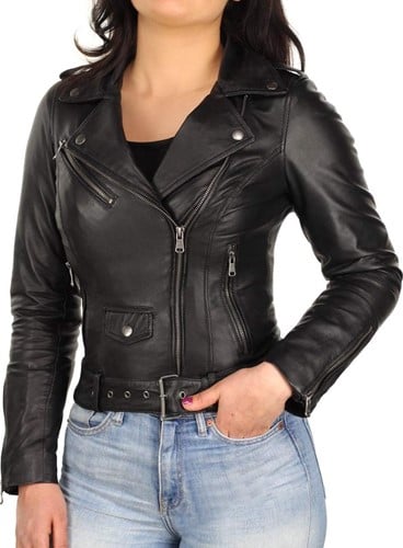 Versano  Dames jas leer Dakota biker schuine rits + riem Black
